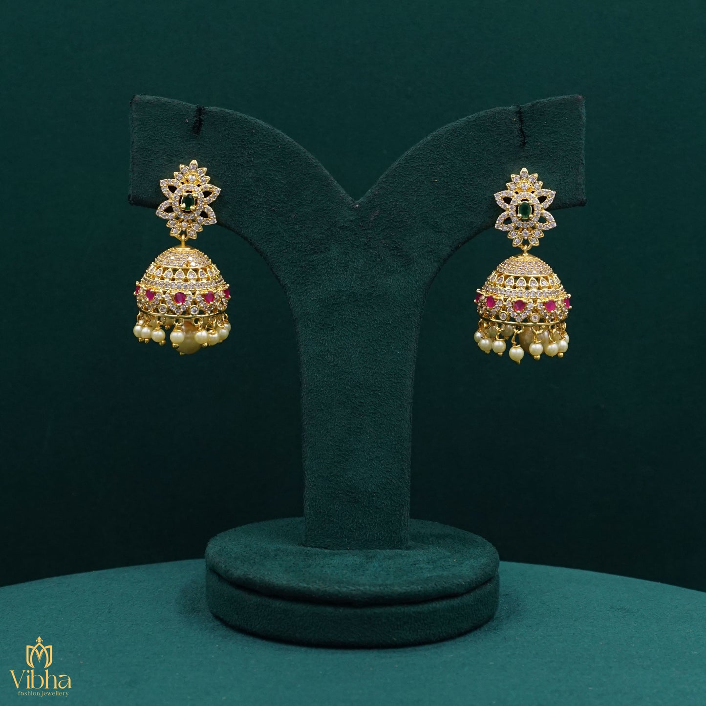 Floral-Designed Zircon Jhumkas Set