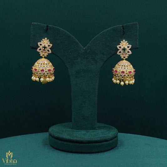 Floral-Designed Zircon Jhumkas Set