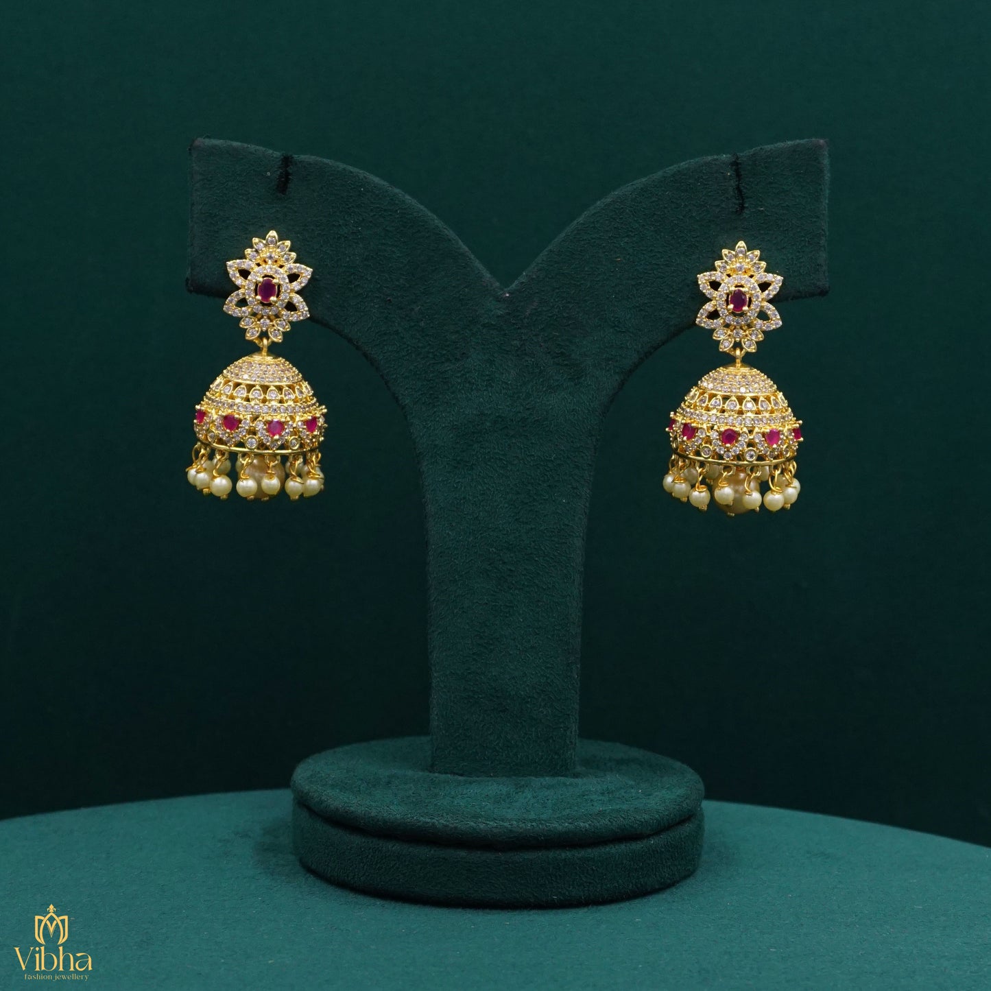 Floral-Designed Zircon Jhumkas Set