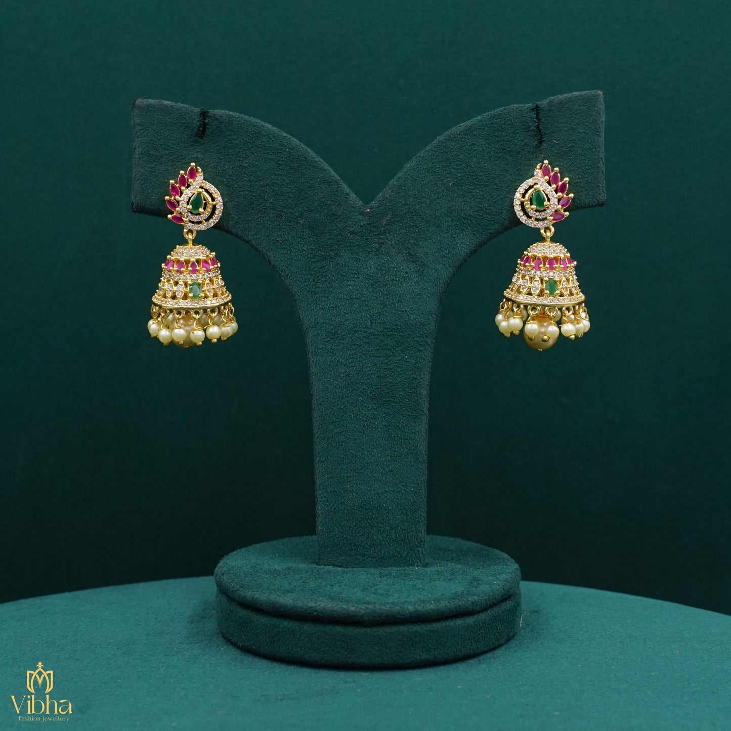 Feather-Designed Zircon Jhumkas Set