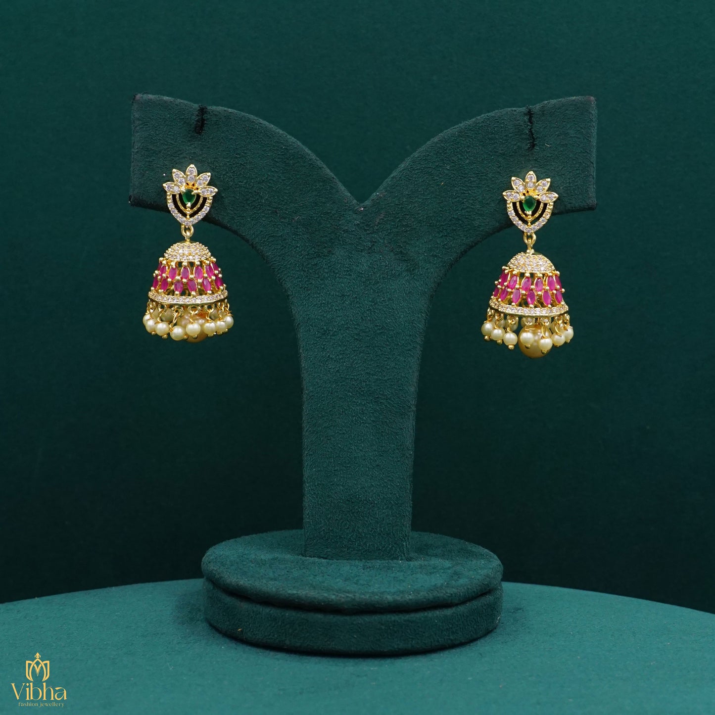 Floral-Designed Zircon Jhumkas Set