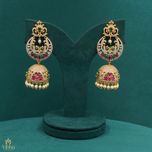 Chandbali Designed Zircon Bridal Jhumkas Set